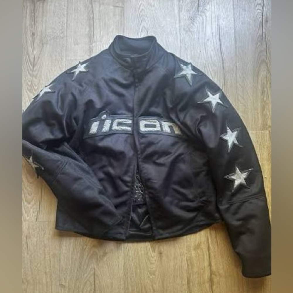 ICON 'Hooligan' Black Mesh Motorcycle Jacket with Silver Glitter Accents